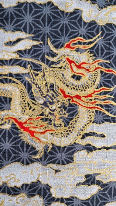 tissu japonais dragon gris