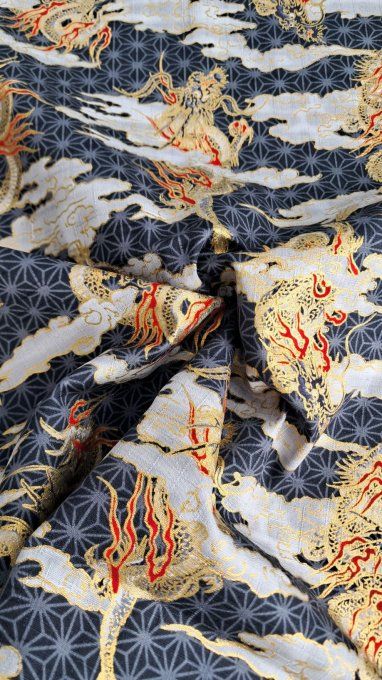 tissu japonais dragon gris