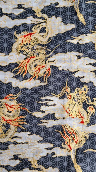 tissu japonais dragon gris