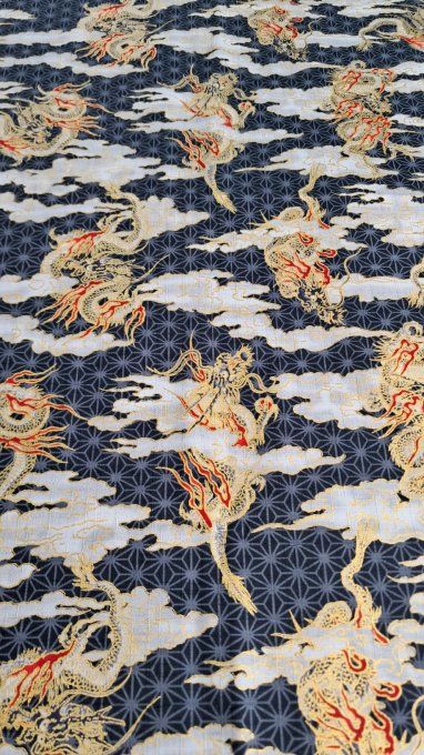 tissu japonais dragon gris