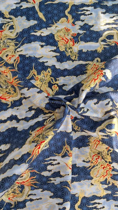 tissu japonais dragon bleu