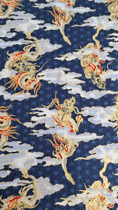tissu japonais dragon bleu