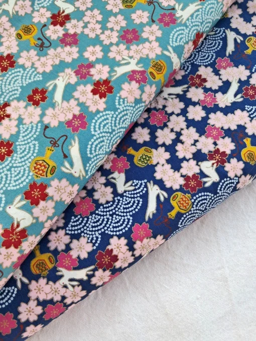 tissu japonais kawaii lapin bleu marine