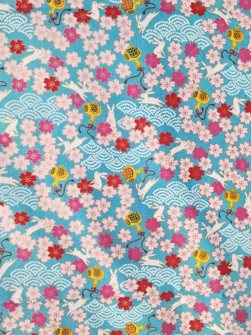 tissu japonais kawaii lapin turquoise
