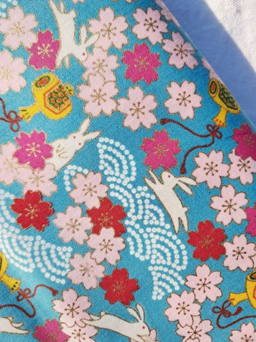 tissu japonais kawaii lapin turquoise