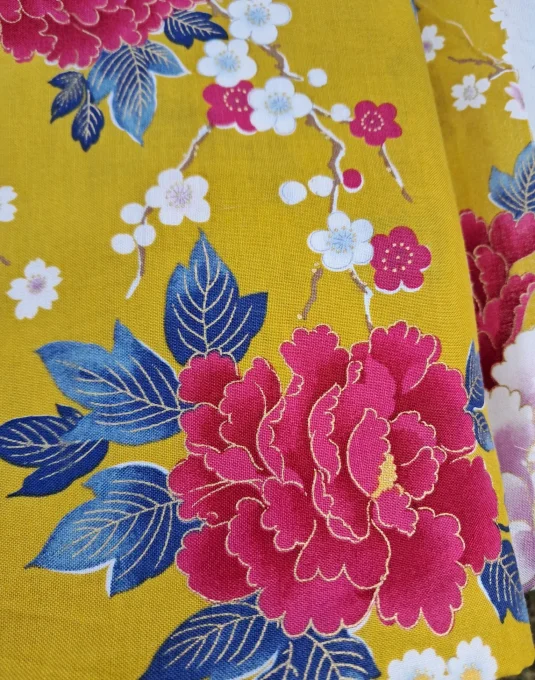 tissu japonais fleurs moutarde